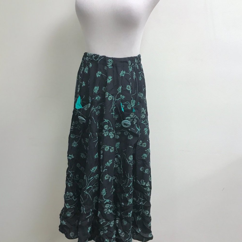 Janice McCarty black turquoise blue floral rayon midi skirt S boho vintage